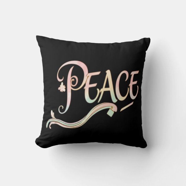 A beautiful, flowing script of the word "Peace" fe Throw Pillow (Front)