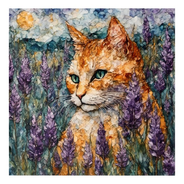 A beautiful ginger cat in a lavender field  acrylic print (Front)
