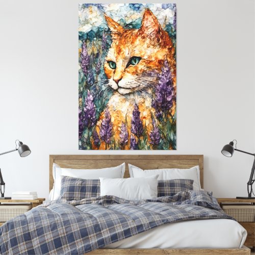 A beautiful ginger cat in a lavender field canvas print