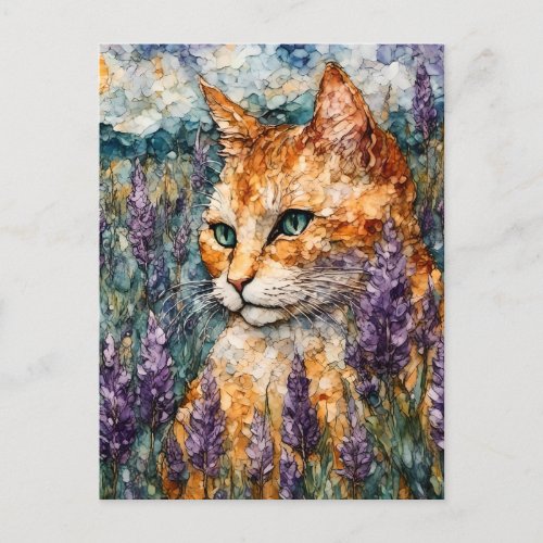 A beautiful ginger cat in a lavender field postcard