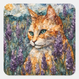 A beautiful ginger cat in a lavender field square sticker