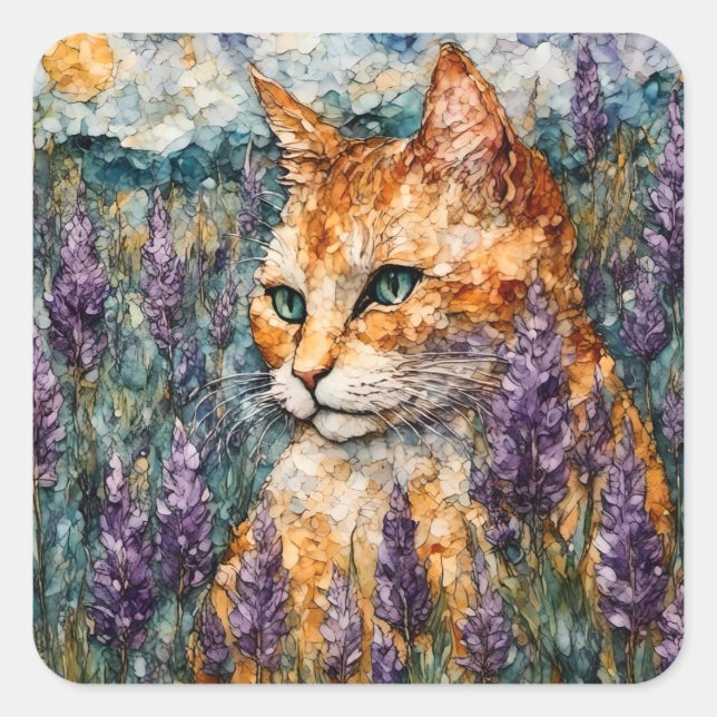 A beautiful ginger cat in a lavender field  square sticker (Front)
