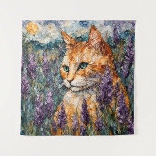 A beautiful ginger cat in a lavender field tapestry