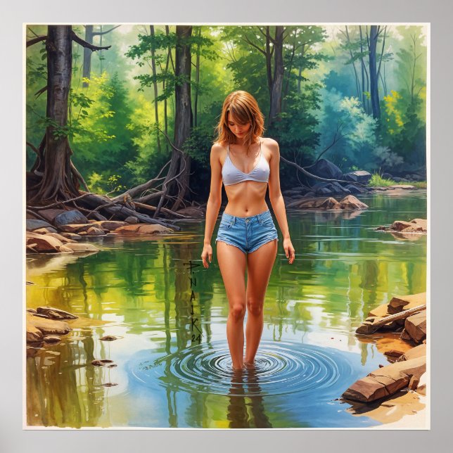 A Beautiful Girl in pond oil color Painting Poster (Front)