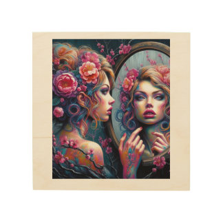 a beautiful girl looking in the mirror wood wall art