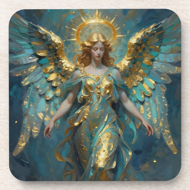 A Beautiful Gold and Turquoise Angel  Beverage Coaster (Front)