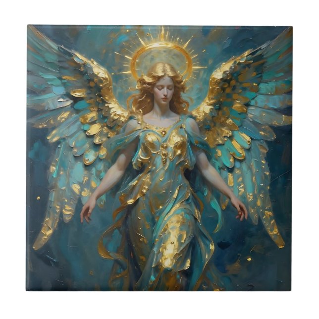 A Beautiful Gold and Turquoise Angel  Ceramic Tile (Front)