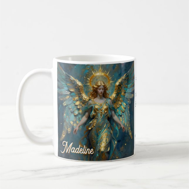 A Beautiful Gold and Turquoise Angel Personalized Coffee Mug (Left)
