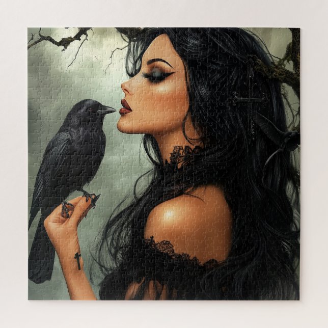 A beautiful Gothic Woman with Raven Jigsaw Puzzle (Vertical)