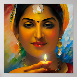 A Beautiful Indian Women with Diwali Oil Lamp Poster