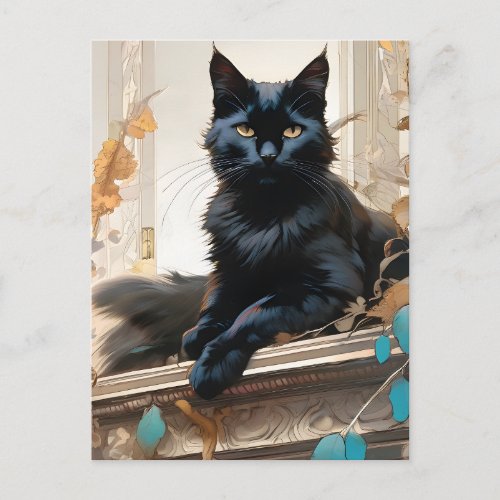 A beautiful longhaired black cat postcard