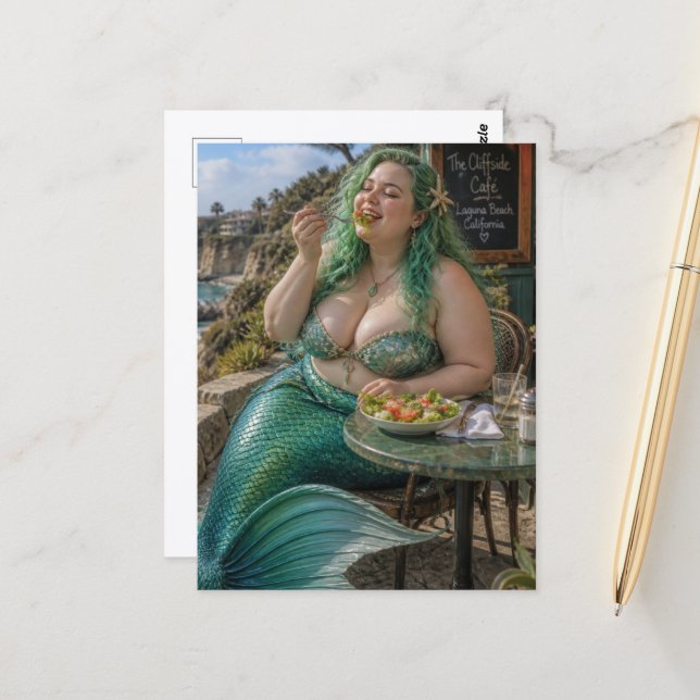 A Beautiful Mermaid Eating Salad Postcard (Front/Back In Situ)
