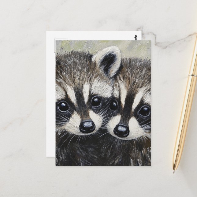 A Beautiful Pair of Raccoon Babies Postcard (Front/Back In Situ)