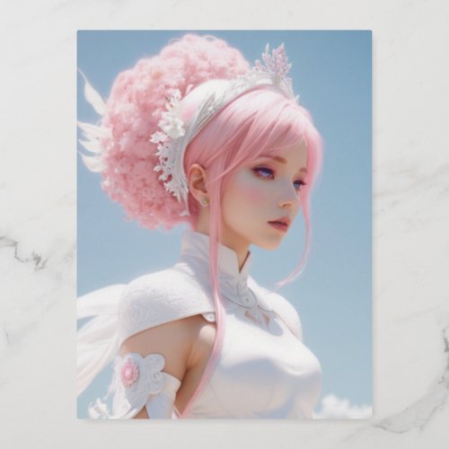 A beautiful pink haired female artist all white sl foil holiday postcard