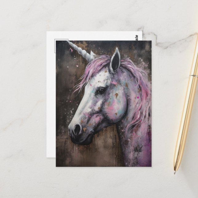 A Beautiful Purple Unicorn Messy Watercolor Postcard (Front/Back In Situ)