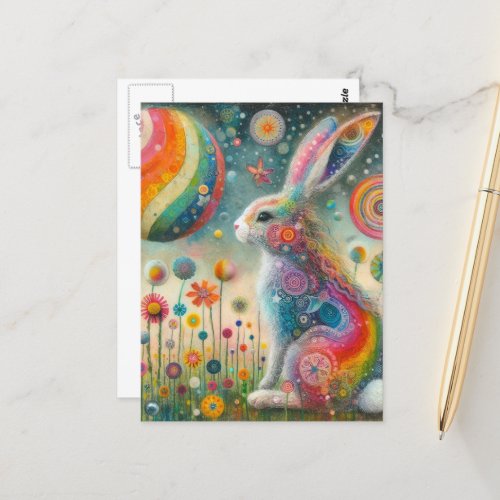 A Beautiful Rabbit in Wildflowers Surreal Postcard