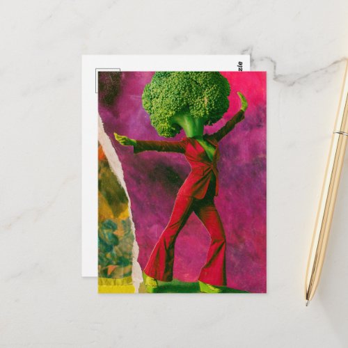 A beautiful retro dancing broccoli  postcard
