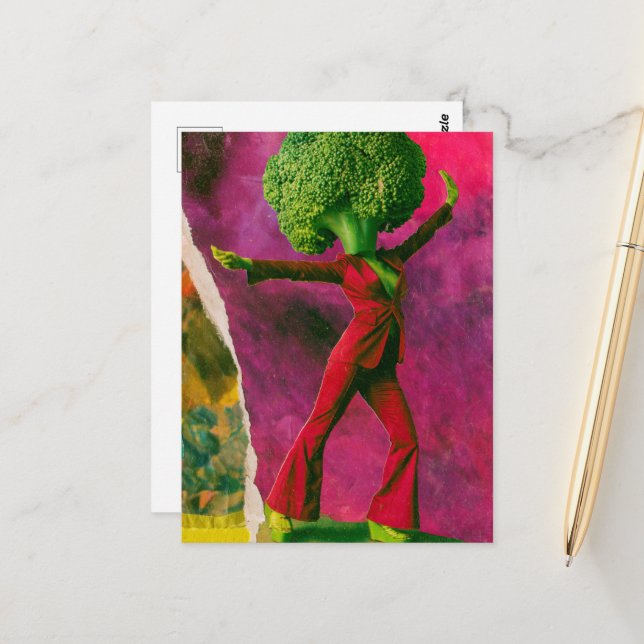 A beautiful retro dancing broccoli  postcard (Front/Back In Situ)