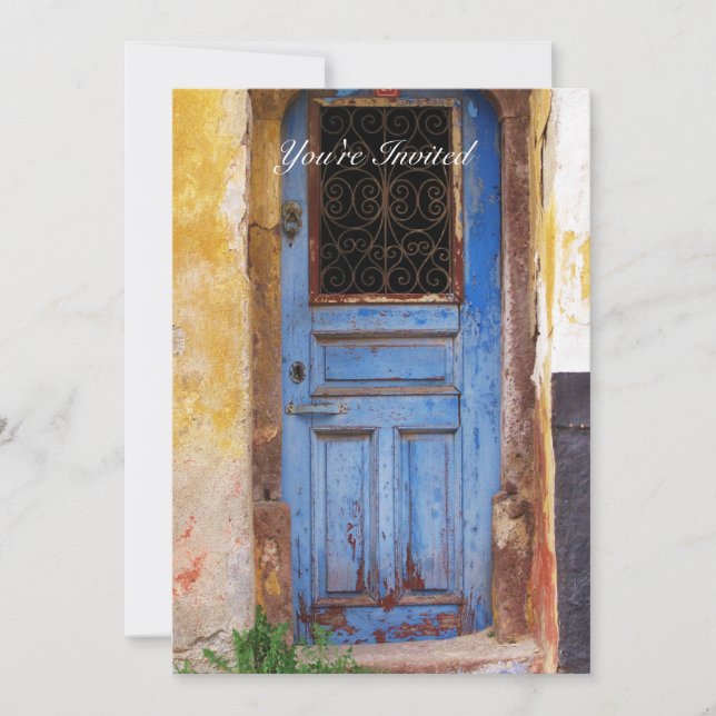 A beautiful rustic old blue door GREECE invite (Front)