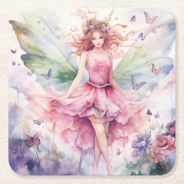 A Beautiful Spring Fairy Square Paper Coaster (Front)