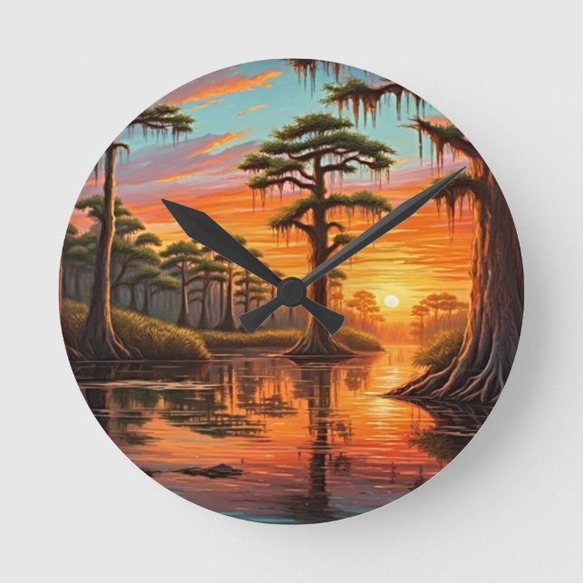A beautiful sunset down on the Bayou Round Clock (Front)