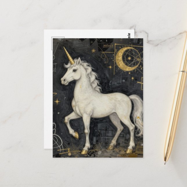 A Beautiful Unicorn Black Gold Collage Postcard (Front/Back In Situ)
