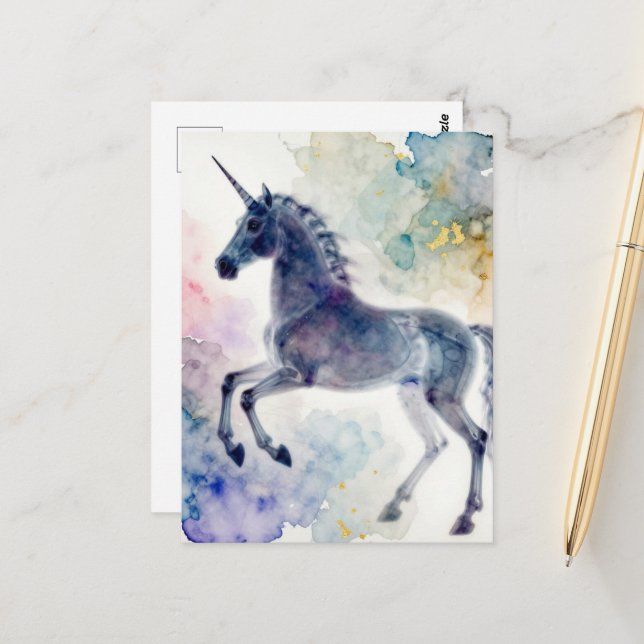 A Beautiful Unicorn watercolor Postcard (Front/Back In Situ)