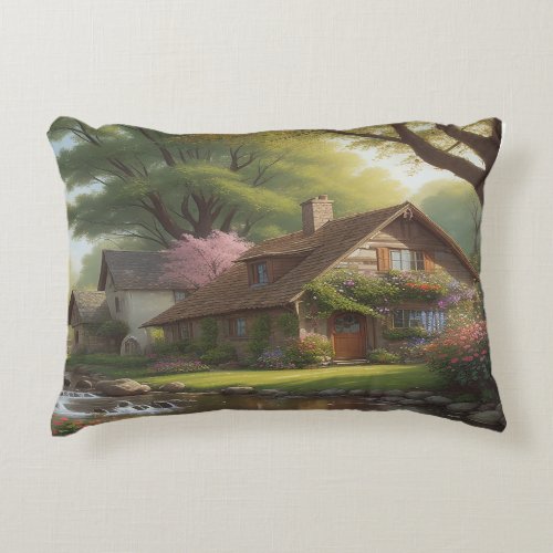 A beautiful village Daylight small cottage Accent Pillow