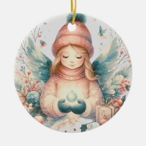 A beautiful winter angel amidst the northern natur ceramic ornament