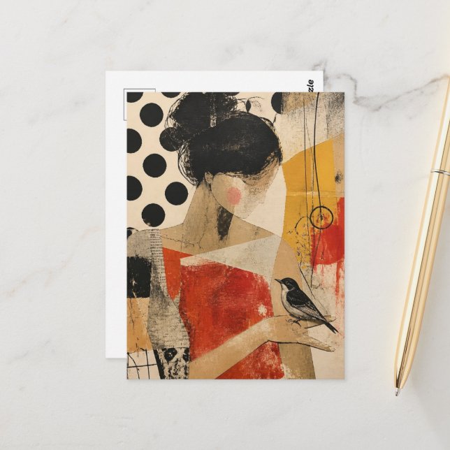 A Beautiful Woman and a Bird Postcard (Front/Back In Situ)