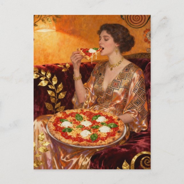 A Beautiful Woman Eating Pizza Postcard (Front)