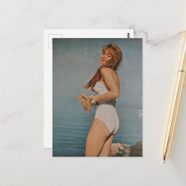 A Beautiful Woman in 1957 on the beach Postcard (Front/Back In Situ)