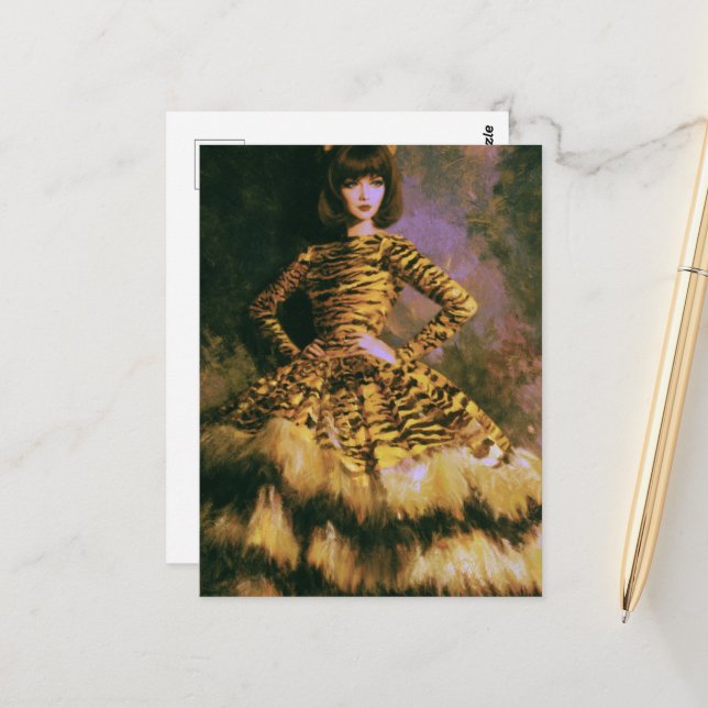 A beautiful woman in a big cat print dress postcard (Front/Back In Situ)