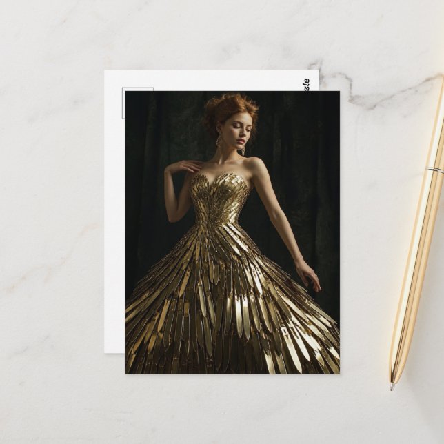 A beautiful woman in a dress made from knives postcard (Front/Back In Situ)