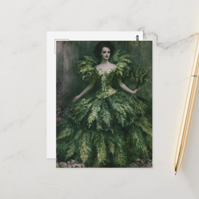 A beautiful woman in a fern dress painting postcard (Front/Back In Situ)