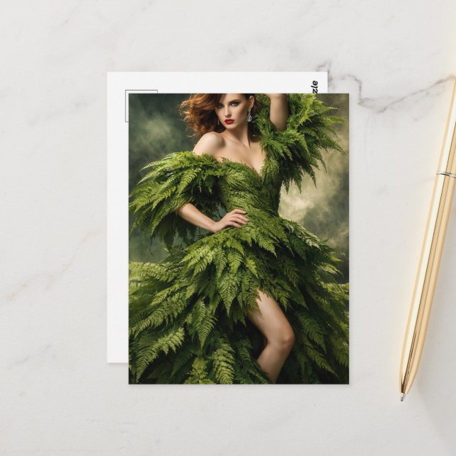 A beautiful woman in a fern leaf dress postcard (Front/Back In Situ)