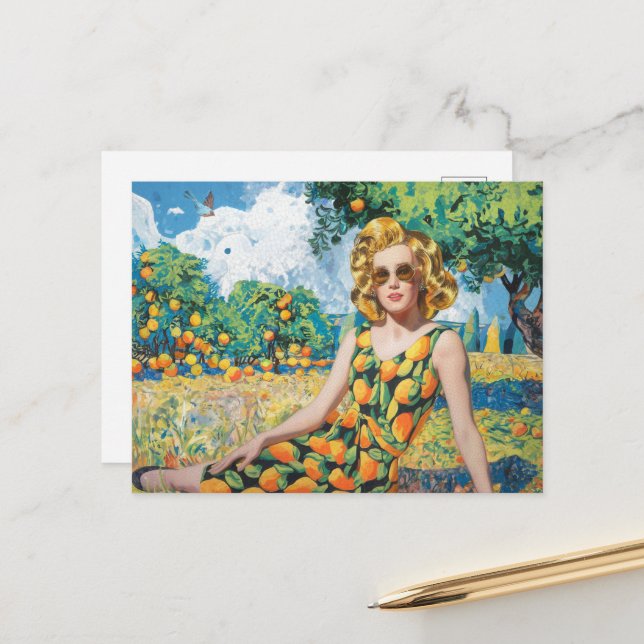A Beautiful Woman in an Orange Grove Postcard (Front/Back In Situ)