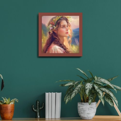A beautiful woman is looking out in the middle of  framed art