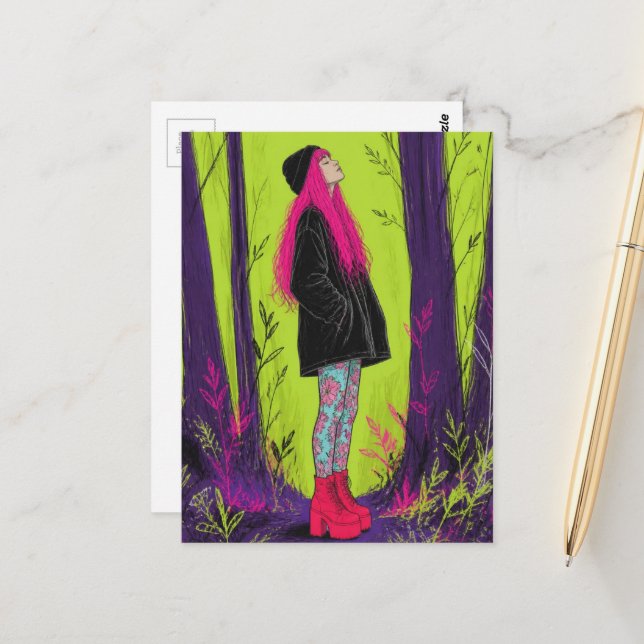A Beautiful Woman With Neon Pink Hair in the Woods Postcard (Front/Back In Situ)