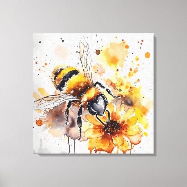 A bee collects honey on a flower. canvas print (Front)