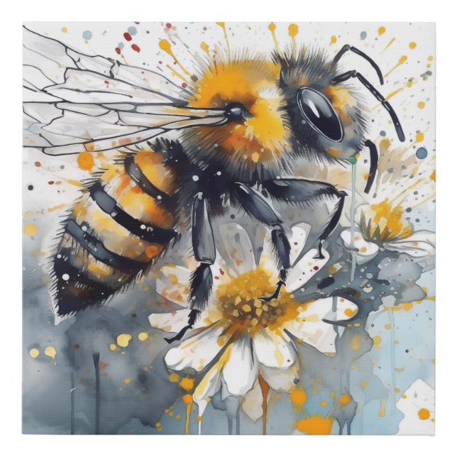 A bee collects honey on a flower.  faux canvas print (Front)