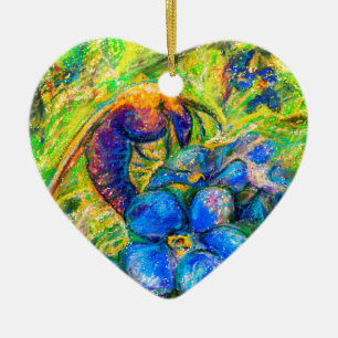 A Bee & Forget-me-not Flowers Heart Ceramic Ornament