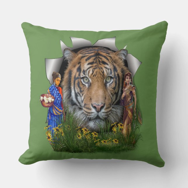 A Bengal Tiger habitat with Indian girls Throw Pillow (Front)