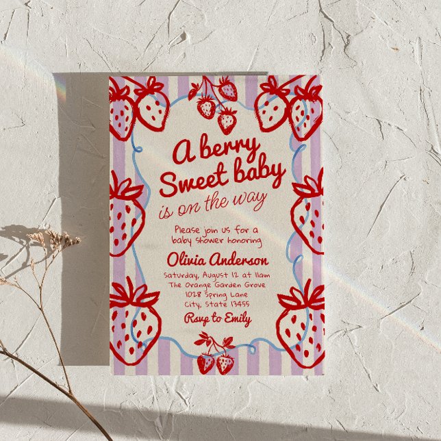 A berry Sweet Baby Hand Drawn Retro Baby Shower Invitation (Creator Uploaded)