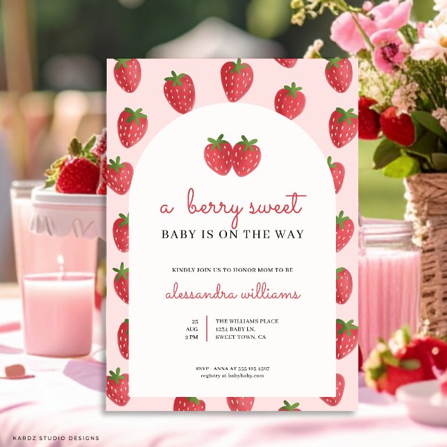A Berry Sweet Baby Is on The Way Baby Shower Invitation (Invite shown in 5 x 7 inches, choose size, paper and corner style. Buy print or digital invitations.)