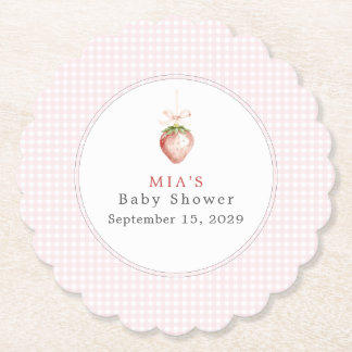 A Berry Sweet Baby Strawberry Gingham Baby Shower  Paper Coaster