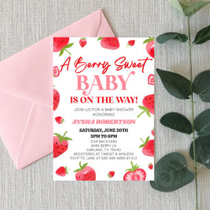 A Berry Sweet Baby Strawberry Pink Red Baby Shower Invitation