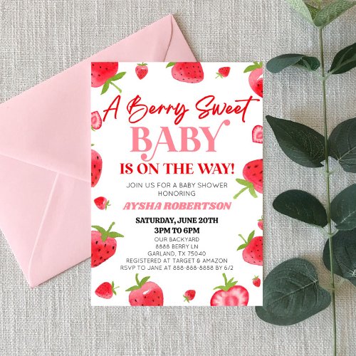 A Berry Sweet Baby Strawberry Pink Red Baby Shower Invitation