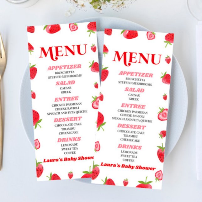 A Berry Sweet Baby Strawberry Pink Red Baby Shower Menu (Creator Uploaded)