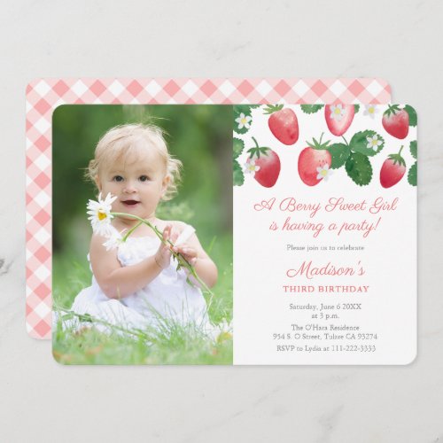 A Berry Sweet Girl Strawberry Theme Party Picture Invitation